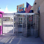 Alvarado’s galvanized MSTT full height turnstiles accompany an MSG full height security gate to control pedestrian access outside Sahara Sam’s Oasis.